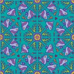 Mandala seamless pattern background with fish animals marine ornament pattern.