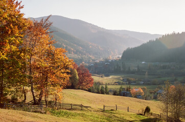 Autumn mountain landscape with beautiful sunrise. Film with grain