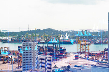 Financial stock chart hologram over panorama city view of Singapore, business center in Asia. The concept of international transactions. Double exposure.