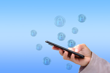 Protective gesture of a businessman Copy space, cyber security, and data protection are all protected by the lock icon.