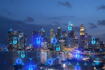 Glowing padlock hologram, night panoramic city view of Singapore, Asia. The concept of cyber security to protect companies. Double exposure.