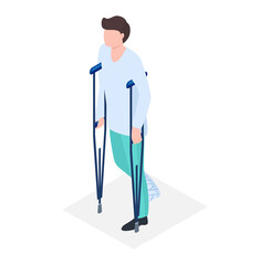 Male patient character with broken leg, man walking crutches, medical health rehabilitation isometric 3d vector illustration, isolated on white.