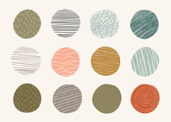 Fancy circles set. Hand drawn doodle textured and patterned elements.