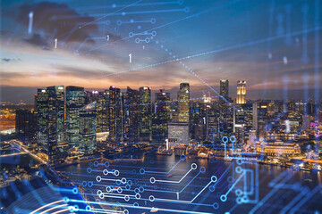 Information flow hologram, night panorama city view of Singapore. The largest technological center...