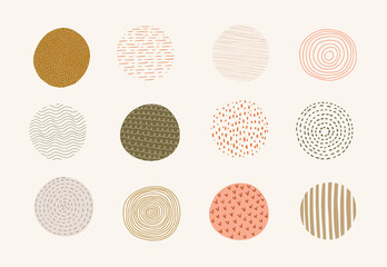 Fototapeta premium Fancy circles set. Hand drawn doodle textured and patterned elements.