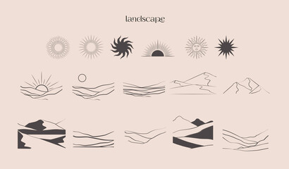 Collection of abstract landscape in one line style. Editable Vector Illustration.