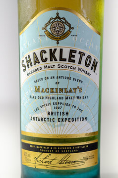 LONDON, UNITED KINGDOM - AUGUST 20, 2021 Closeup on the  blended malt scotch whisky Shackleton,  whisky brand from region Highland, Scotland