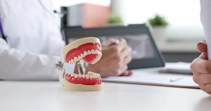 Artificial mock jaw standing on table near dentist doctor and patient 4k movie