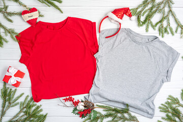 Red and gray t shirt mockup with copy space and Christmas Holiday template flatlay. Top view blank...