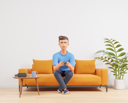 Happy cartoon character man play video game with gamepad on yellow couch at cozy home interior over white wall with copy space.