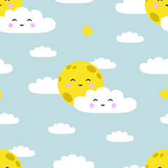 Seamless vector pattern with moon, clouds and stars on blue sky
