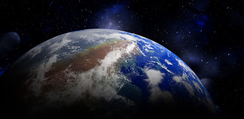 Fototapeta na wymiar View of Earth in open space, illustration. Banner design