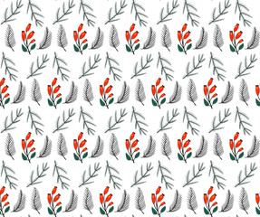 Seamless floral pattern with winter plants. Hand drawn winter holiday design for Christmas and New Year greeting cards, fabric, wrapping paper. Vector illustration