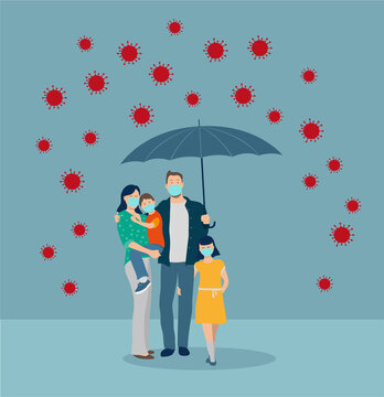 une famille portant des masque se prot&egrave;ge du virus. Elle est s'abrite sous un parapluie pour symboliser le protection et les gestes barri&egrave;re. Il pleut des virus.