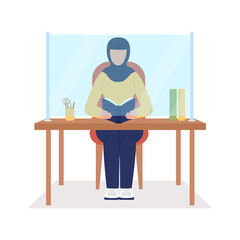 Woman behind desk protector screen semi flat color vector character. Sitting figure. Full body person on white. Safety isolated modern cartoon style illustration for graphic design and animation
