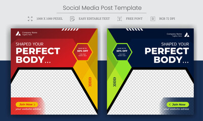 Fitness gym social media post square banner template for fitness studio promotion. Set of Social media ads vector templates fully editable, advertising design, social media banner post template