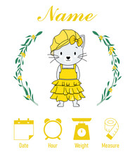 Cute cat. Baby birth print. Baby data template at birth. Weight, measurement, time and day of birth