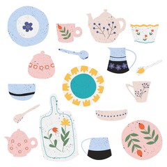 Set of handmade ceramic kitchenware in flat cartoon style