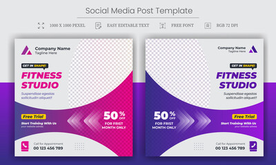 Fitness gym social media post square banner template for fitness studio promotion. Set of Social media ads vector templates fully editable, advertising design, social media banner post template