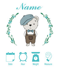 Cute bear. Baby birth print. Baby data template at birth. Weight, measurement, time and day of birth	