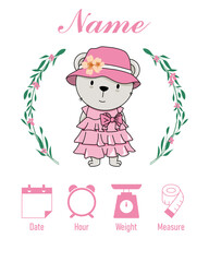  Cute bear. Baby birth print. Baby data template at birth. Weight, measurement, time and day of birth
