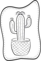 Hand drawn Cactus and pots . Sketchy style illustration. Coloring book page for adult.