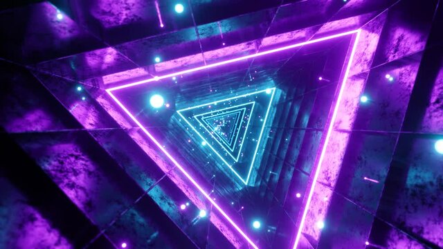 Seamless loop motion graphic of flying into rotation triangle digital tunnel