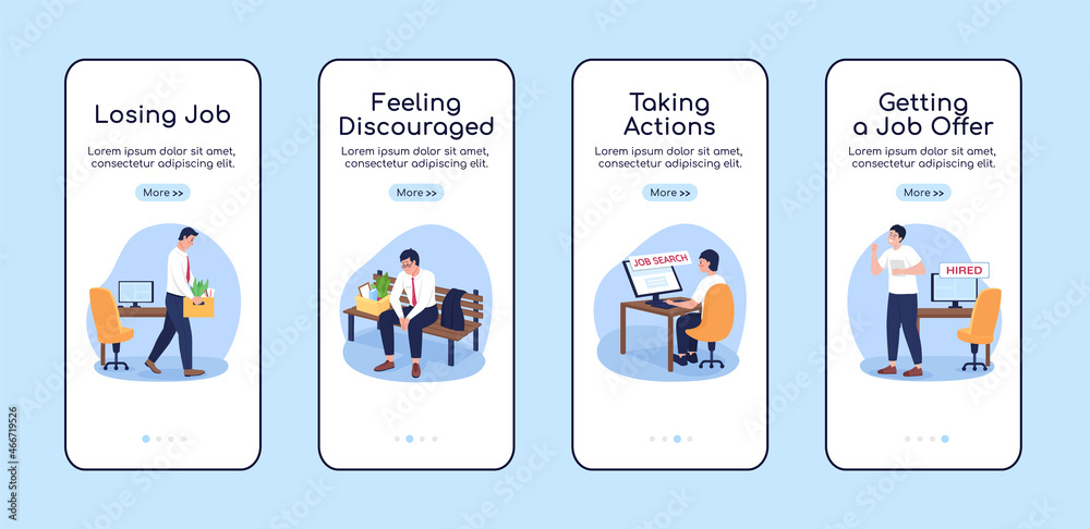 Wall mural finding job after unemployment onboarding mobile app screen flat vector template. walkthrough websit