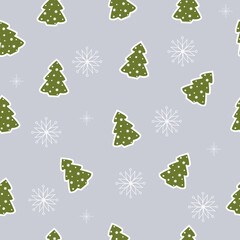 Patern with christmas trees and snowflakes on blue background