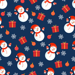 Christmas texture with snowmen, gifts, toys and snowflakes. Vector illustration of Merry Christmas and Happy New Year. Seamless pattern. Winter holiday.