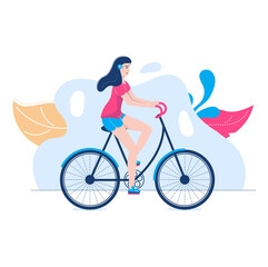 Young woman training bicycle, outdoor park physical activity, character female healthy body workout cartoon vector illustration, isolated on white.
