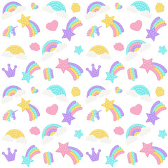 Obraz premium Popit background with a fashionable silicon fidget toys. Addictive anti-stress toy in pastel colors. Bubble popit background with rainbow, star. Vector illustration on white background.