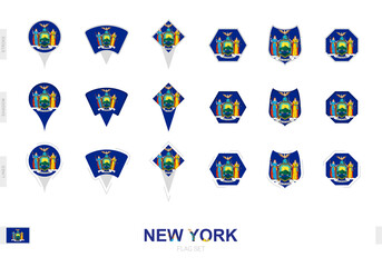 Collection of the New York flag in different shapes and with three different effects.