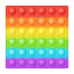 Popit figure square as a fashionable silicon toy for fidgets. Addictive anti stress toy in bright rainbow colors. Bubble anxiety developing pop it toys for kids. Vector illustration isolated on white.