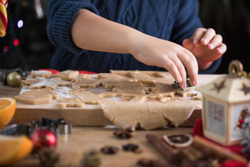 Little cute kid boy  make Christmas gingerbread cookies in the New Year's kitchen.