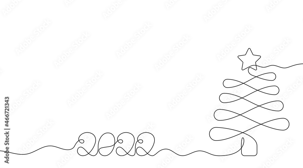 Poster one continuous line drawing of christmas tree and new year 2022 number writing. merry christmas and 