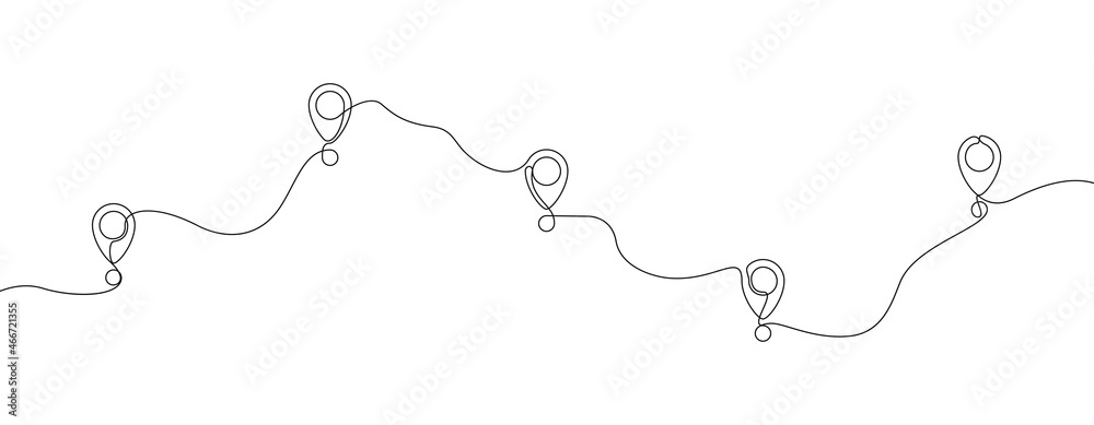 Poster Continuous one line drawing of map location pointers. Map pin or navigation pointer with single line route or way. Vector illustration.