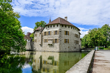 Fototapeta premium Seengen, Schloss Hallwyl, Wasserschloss, Burg, Hallwilersee, See, Spazierweg, Insel, Aabach, Aargau, Frühling, Sommer, Schweiz