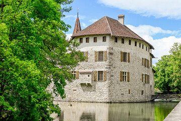 Seengen, Schloss Hallwyl, Wasserschloss, Burg, Hallwilersee, See, Spazierweg, Insel, Aabach, Aargau, Frühling, Sommer, Schweiz