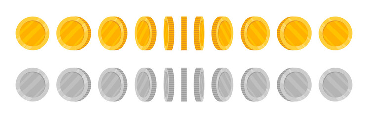 Rotating coins set for animation. Gold and silver coins collection at different angles for rotation effect. Vector illustration.