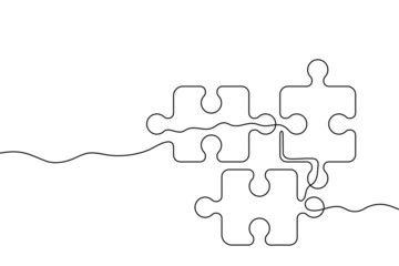 Three puzzle pieces of one continuous line drawn. One hand-drawn line of jigsaw puzzle element. Vector illustration.