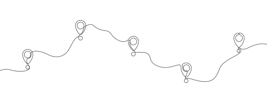 Continuous one line drawing of map location pointers. Map pin or navigation pointer with single line route or way. Vector illustration.