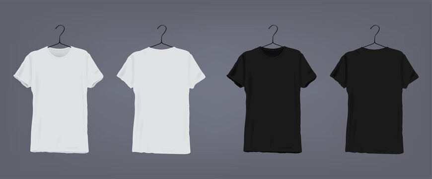 Set of realistic white and black unisex classic t-shirt with v-neck on coat  hanger. Front and back view. Vector illustration collection on gray  background. Stock Vector | Adobe Stock