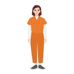 Young sad woman dressed in orange prisoner uniform isolated on white background. Suspect, convicted criminal, arrested or punished person. Flat female cartoon character. Vector illustration