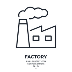 Factory editable stroke outline icon isolated on white background flat vector illustration. Pixel perfect. 64 x 64.