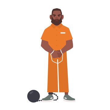 African American bearded man with handcuffs and ball and chain isolated on white background. Suspect, criminal or arrested person in prisoner uniform. Flat male cartoon character. Vector illustration
