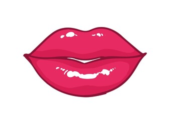 Bright pink glossy lips or sexy mouth isolated on white background. Beautiful symbol of love, kiss, passion and desire. Decorative romantic design element. Colorful cartoon vector illustration.