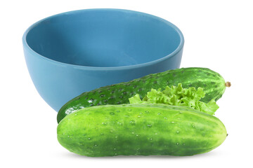 Cucumbers and a bowl on an isolated white background.
