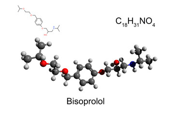 Chemical formula, structural formula and 3D ball-and-stick model of bisoprolol, white background