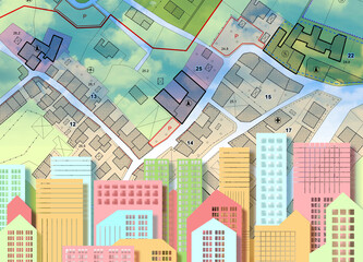 Imaginary General Urban Plan with urban destinations, buildings, buildable areas, land plot and cityscape on foreground